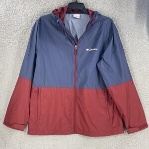 Columbia Jacket Mens Large Blue Red Hooded Full Zip Windbreaker Outdoors Nylon